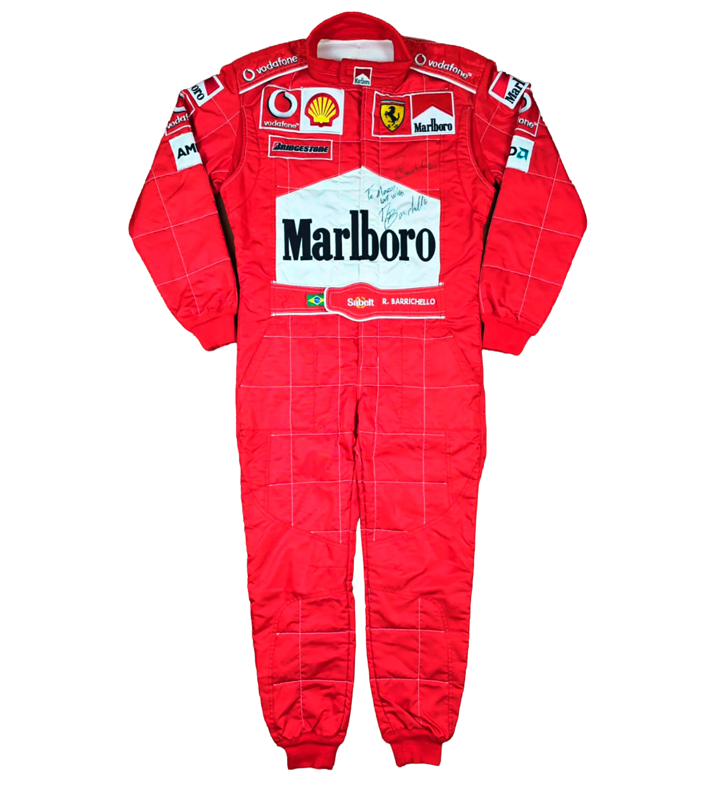 Macacão de Corrida Rubens Barrichello Usado no GP da Espanha Autografado com Dedicatória a Marco Apicella 2003 — imagem 1 de 3