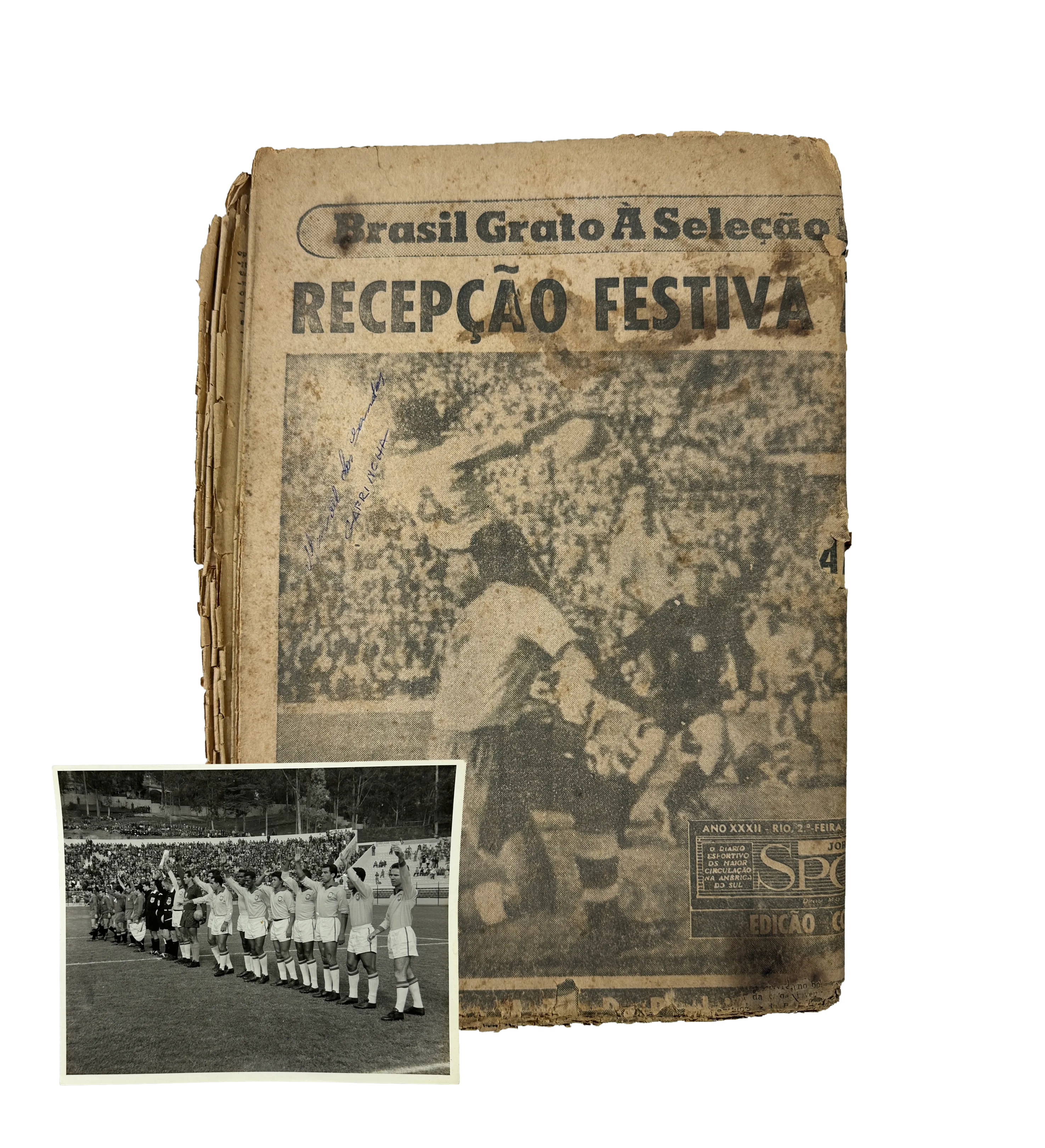 Jornal dos Sports – Original Newspaper – 1962 World Cup – June 18, 1962 – Festive Reception of the Champions – Signed by Garrincha + Original Photo of Brazil’s Round of 16 Match — imagem 1 de 4