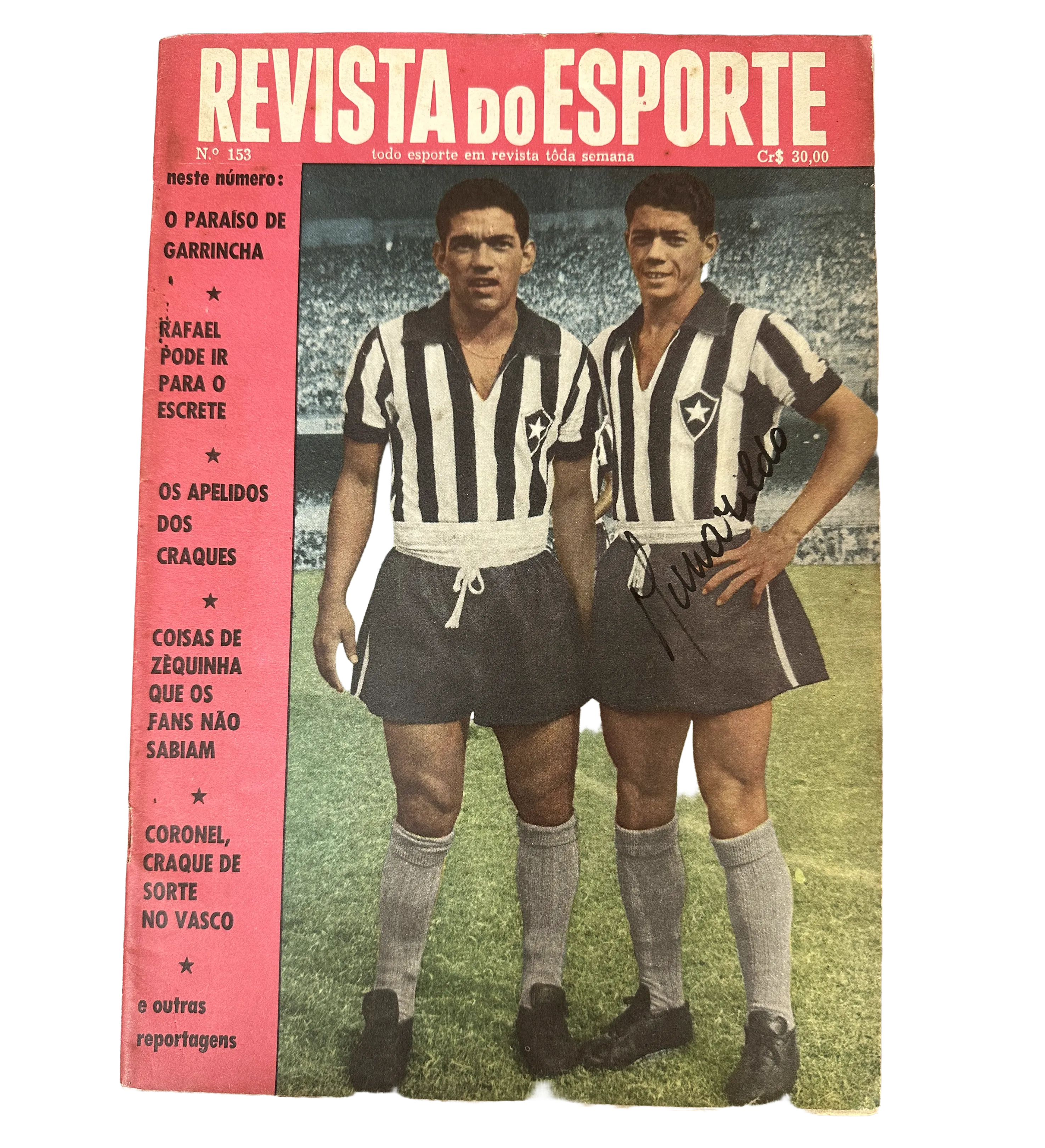 Revista do Esporte No. 153 (1962) – Garrincha & Amarildo – Signed by Amarildo – Hemmets (Swedish Newspaper) Clipping No. 71 (1960) Featuring Garrincha – PSA Authentication – Original Photograph of Garrincha and Amarildo with Botafogo (O Globo Photographic — imagem 2 de 5
