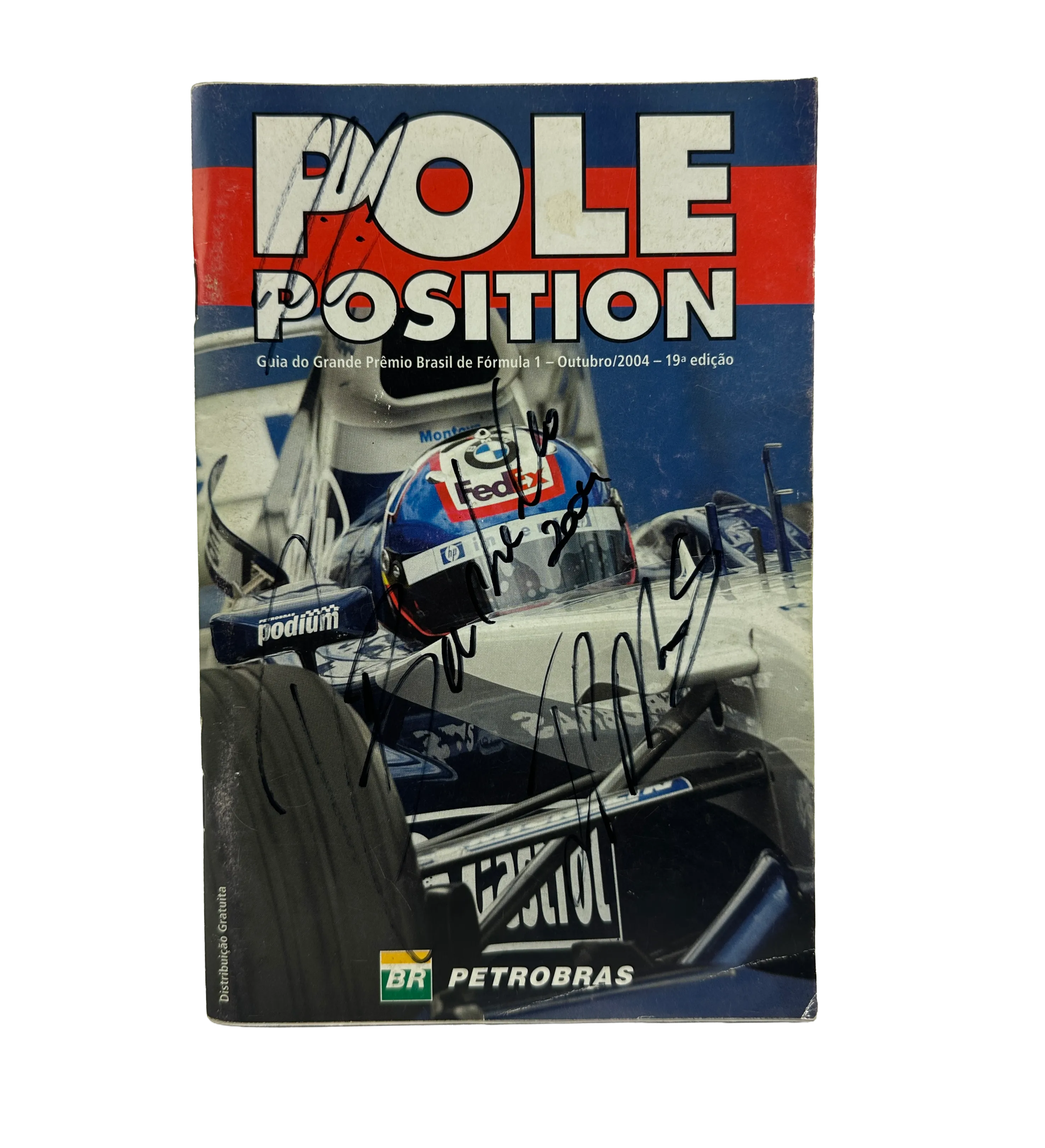 2004 Formula 1 Brazilian GP Official Pole Position Guide Signed by Rubens Barrichello, Kimi Räikkönen, and Juan Pablo Montoya — imagem 1 de 2