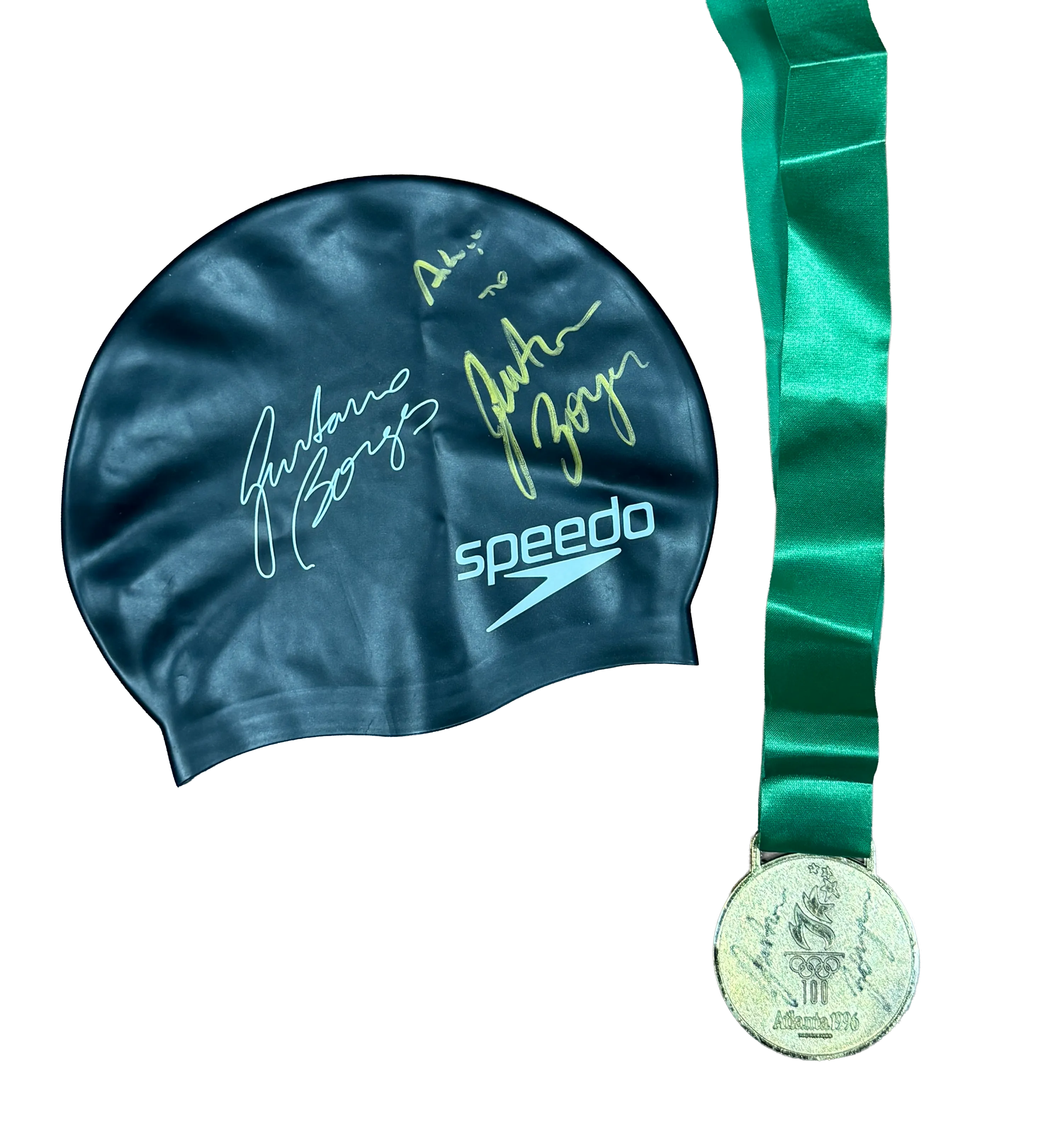 Speedo Swim Cap – Gustavo Borges – Signed + Atlanta 1996 Zorba Promotional Medal – Signed by the Brazilian Olympic Medalist — imagem 2 de 3
