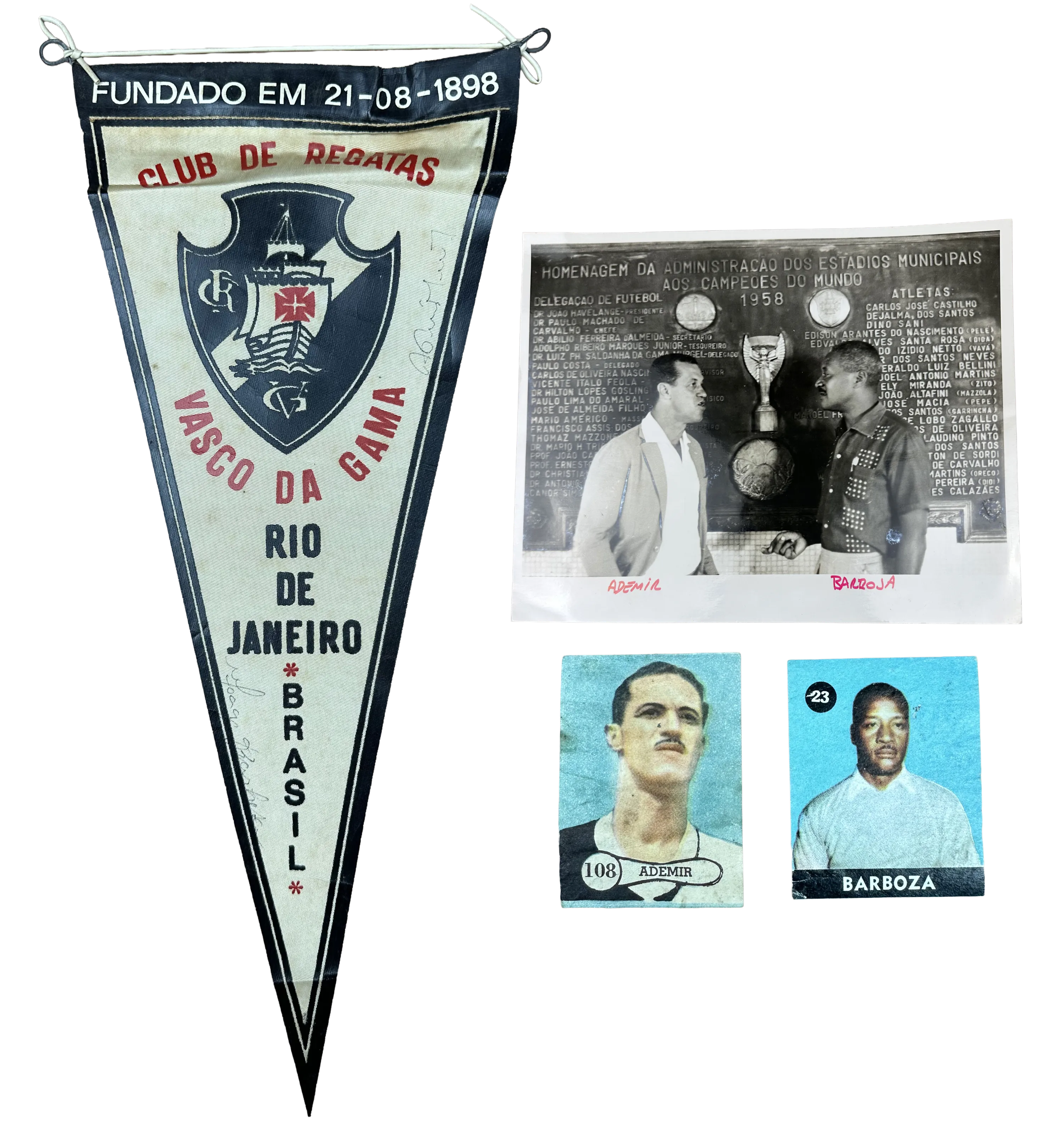 Flamula Vasco da Gama - Autografada pelos Idolos Ademir Menezes e Goleiro Barbosa + Foto Original do Depto. Fotografico do Jornal o Globo + Figurinhas Raras Originais do Ademir e do Barbosa — imagem 1 de 3