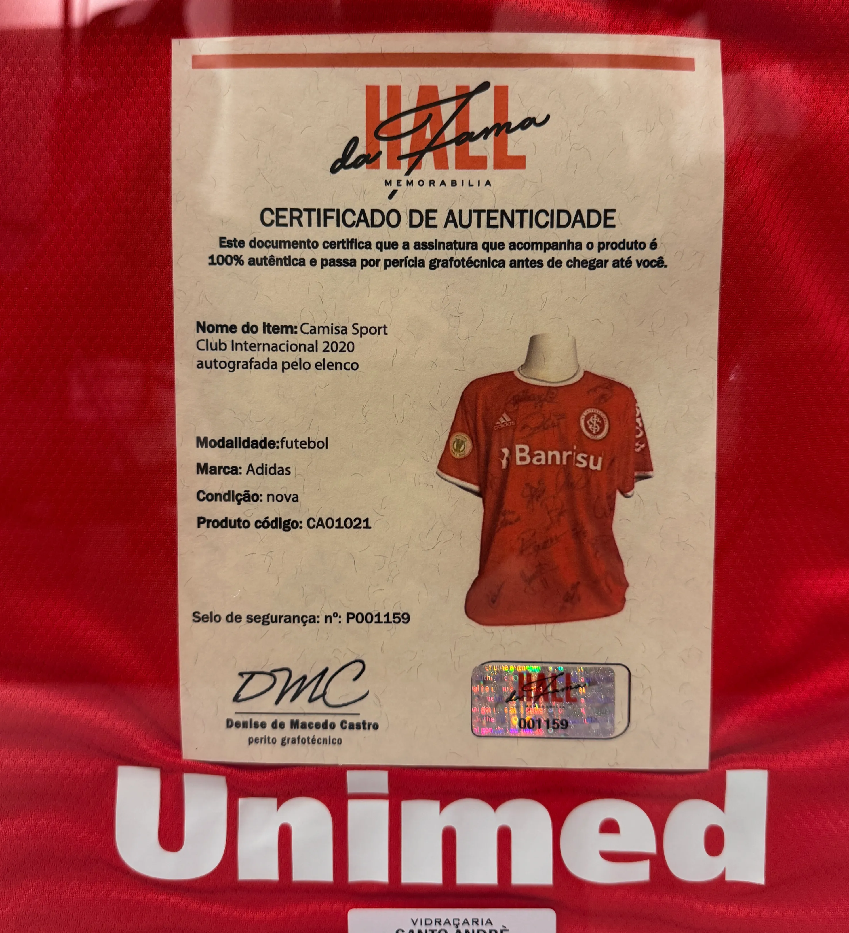Camisa Emoldurada Internacional D'Alessandro Temporada 2020 Autografada Pelo Elenco Certificação Hall da Fama — imagem 5 de 5