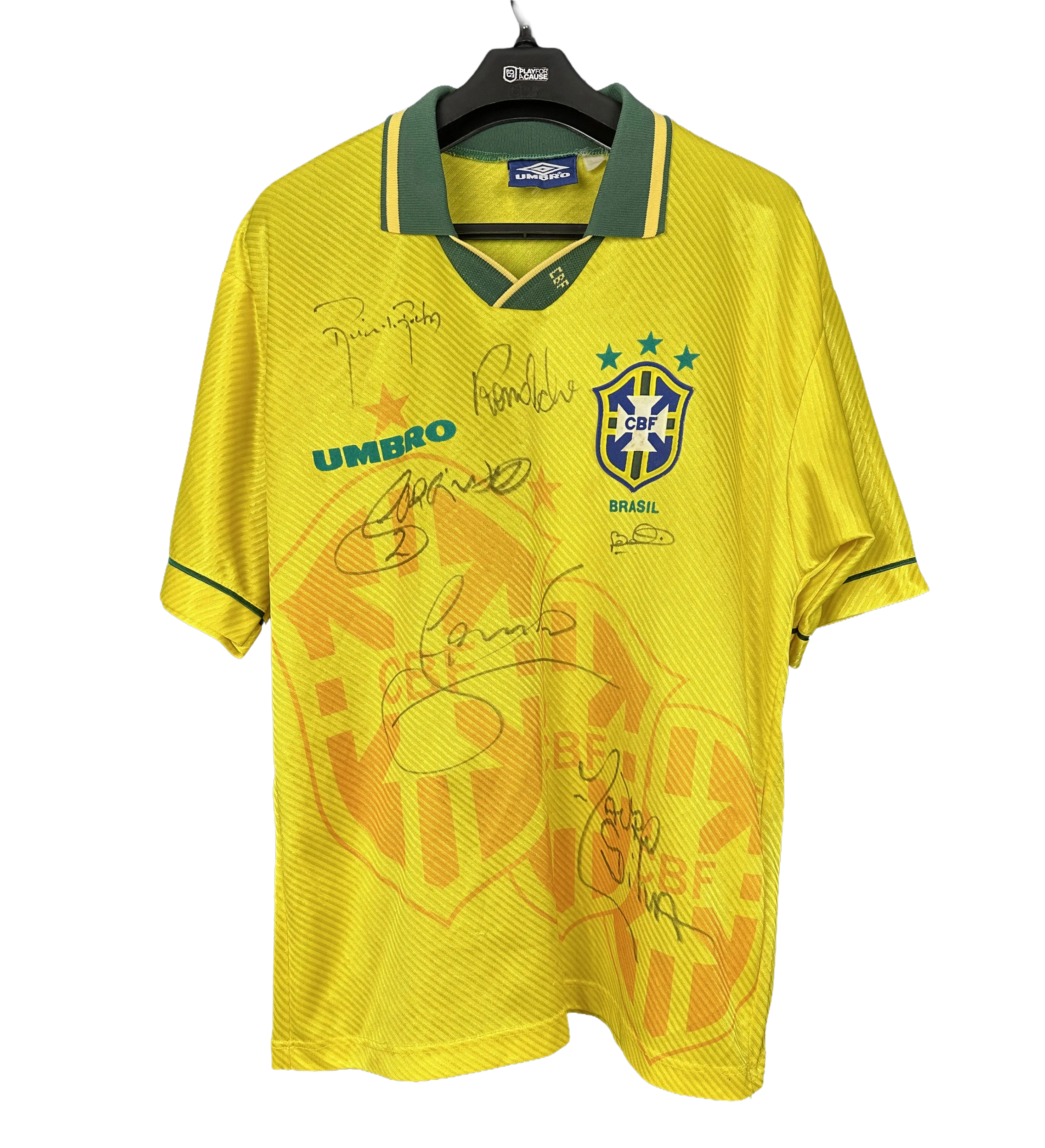 Brazil Shirt - Bebeto #7 - Year of the Fourth World Title - 1994 Season - Autographed by Champions Bebeto, Jorginho, Ronaldo Fenômeno, Zinho, Mauro Silva and Ricardo Rocha — imagem 1 de 2