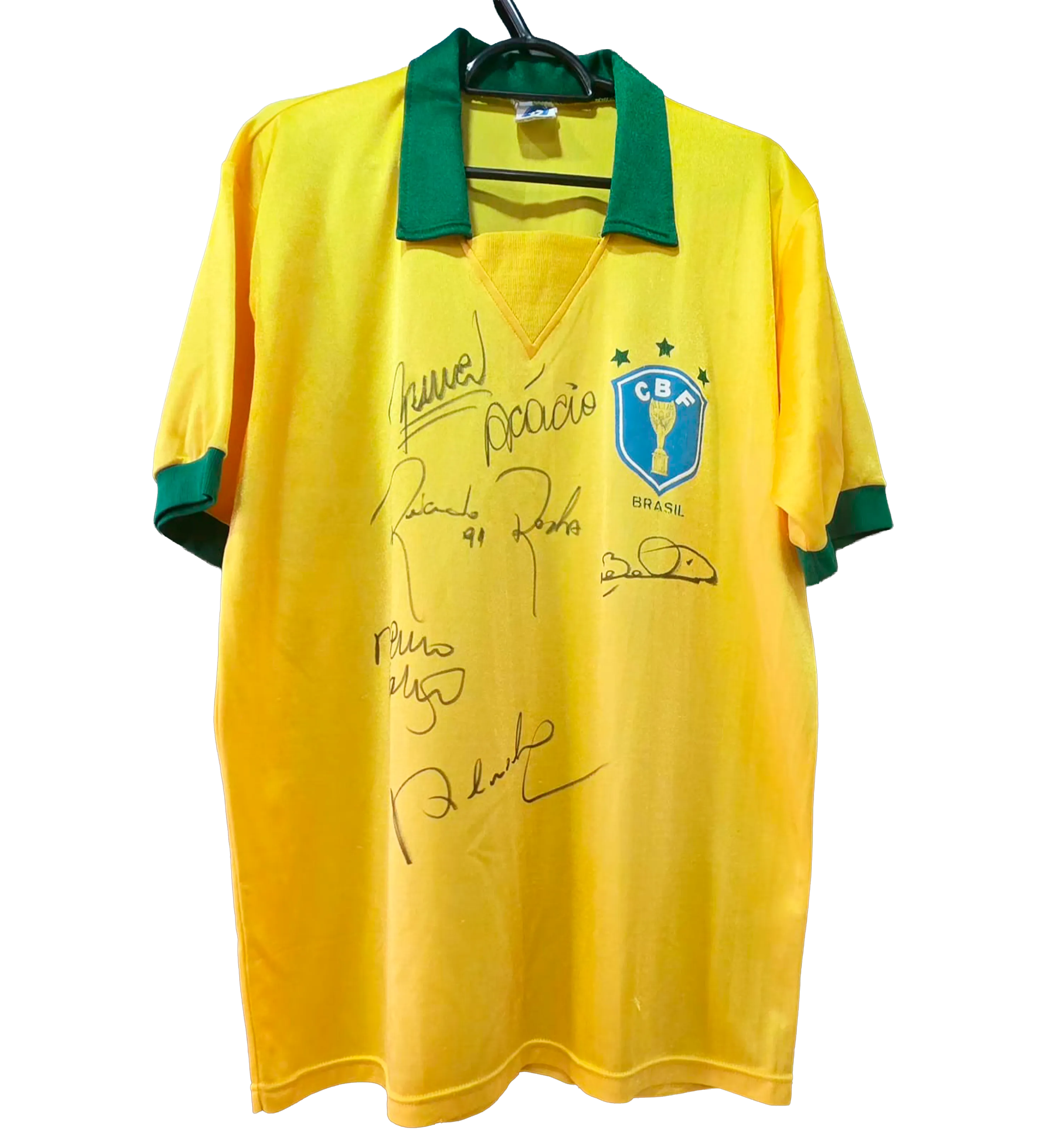 Original Brazil national football team Jersey – 1990 Season – Signed by Branco, Acácio Cordeiro Barreto, Bebeto, Ricardo Rocha, Mauro Galvão and Renato Gaúcho — imagem 1 de 3