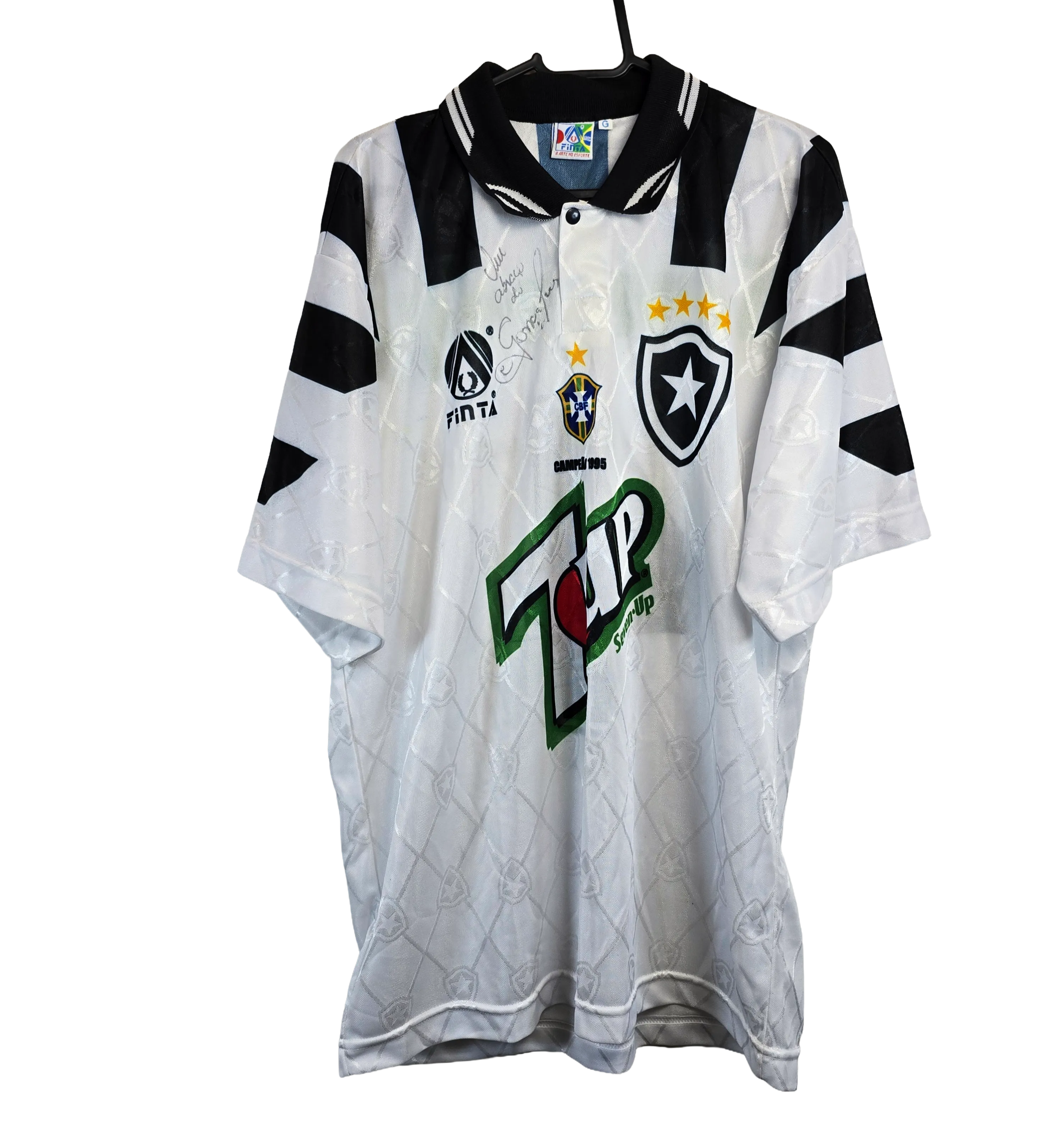 BOTAFOGO 1995/1996 MATCH JERSEY #4 PAINTED – AUTOGRAPHED BY DEFENDER GONÇALVES. WITH 1995 BRAZILIAN CHAMPION PATCH — imagem 1 de 4