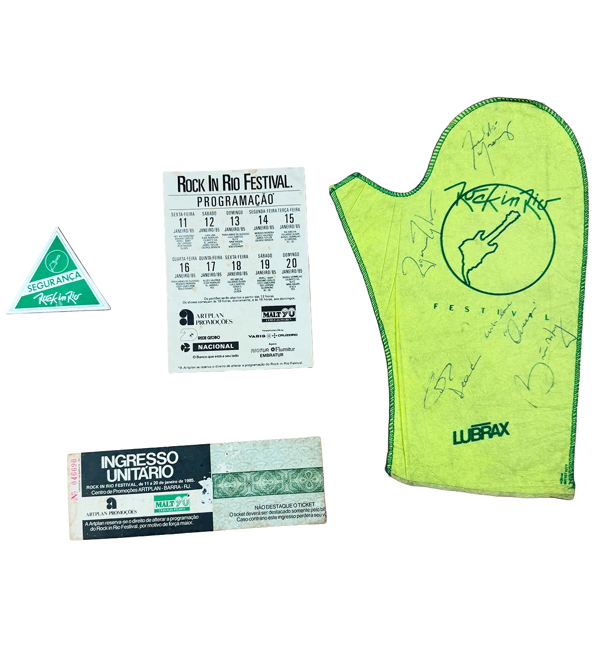Rock in Rio 1985 – Organizing Committee Glove – Lubrax Promotional – Signed by Queen + Original Ticket + Security Pass — imagem 1 de 7