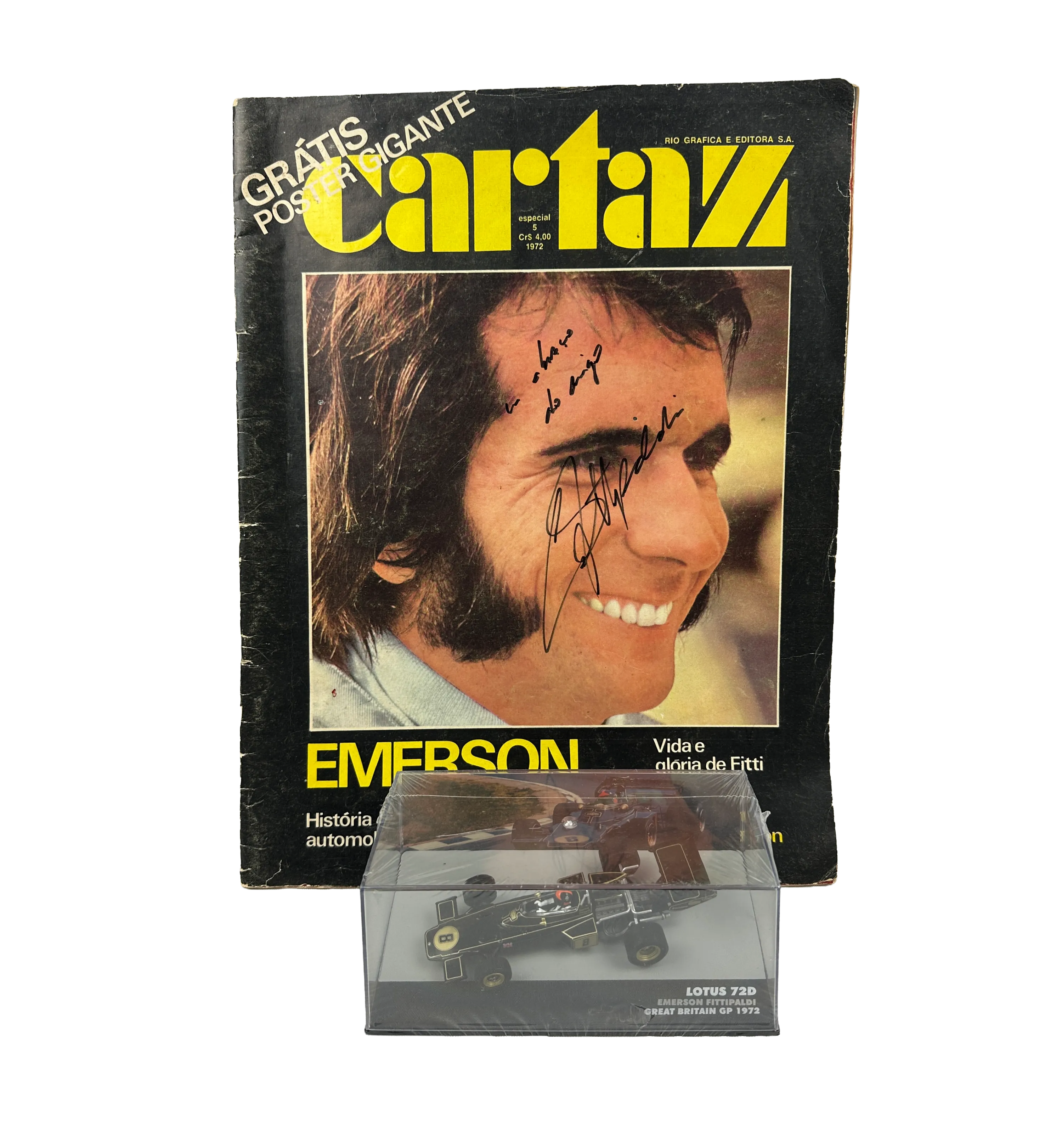 Cartaz Magazine - Emerson Fittipaldi Special Edition - 1972 - Autographed by the Idol + Lotus 72D Model Car / GP Great Britain — imagem 1 de 4