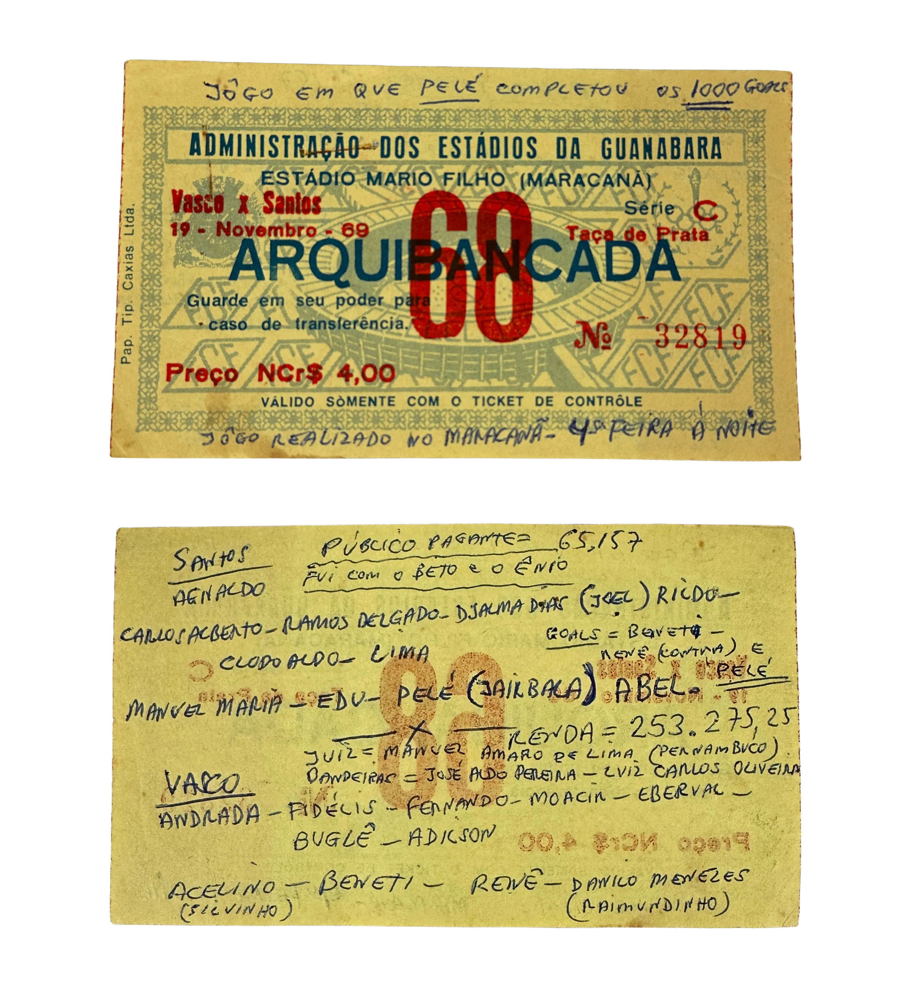Original Ticket – Pelé’s 1000th Goal – 1969 Brazilian Championship + "Fatos e Fotos" Magazine No. 461 – Pelé 1000 — imagem 2 de 2