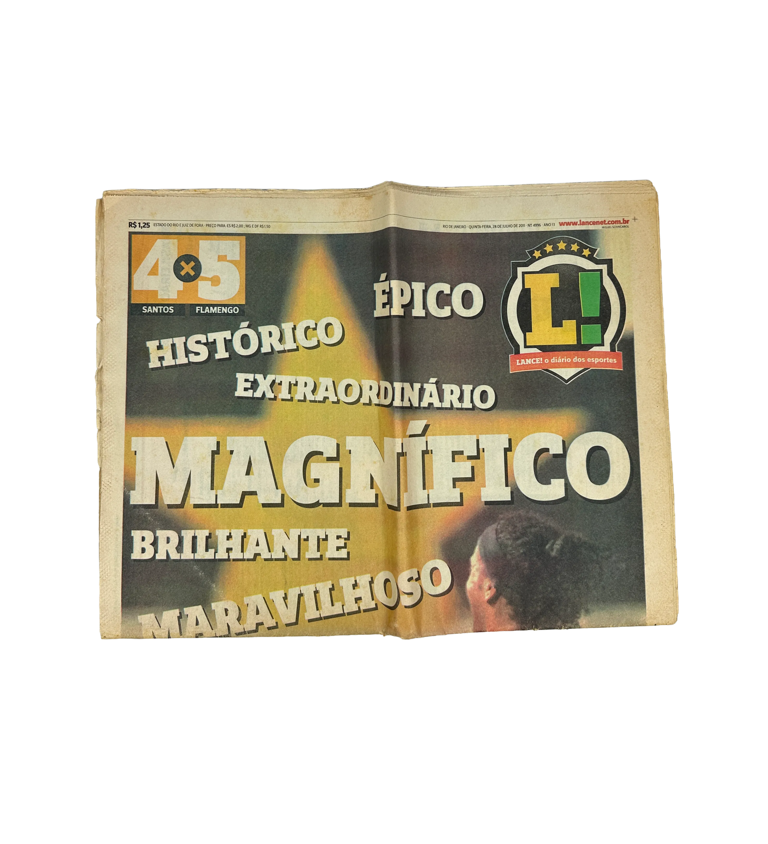 Periódico O Lance – 28/07/2011 – Santos 4 x 5 Flamengo – El Espectáculo de Ronaldinho Gaúcho – Firmado por el Ídolo — imagem 2 de 3