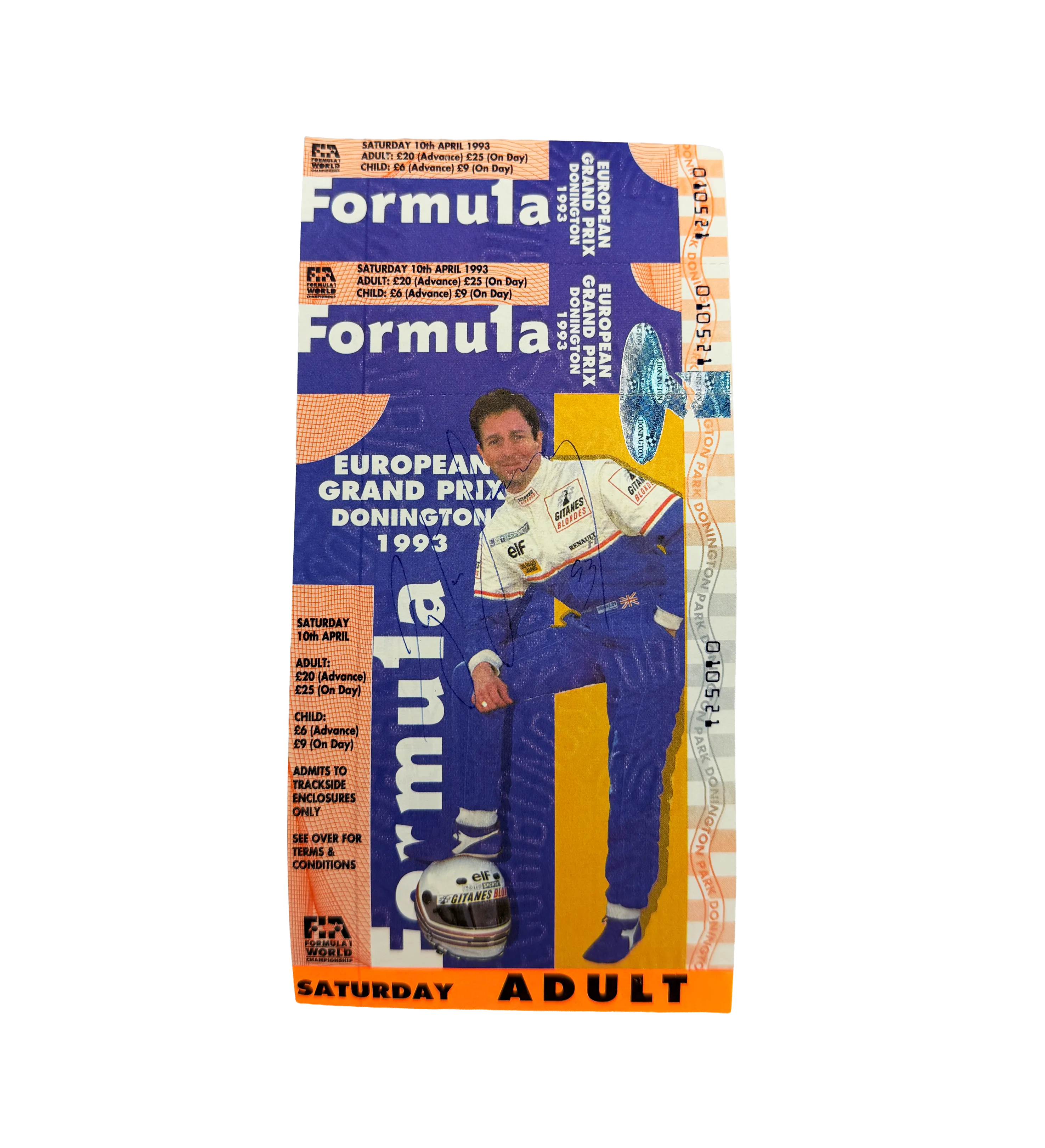 Entrada Gran Premio de Europa de Fórmula 1 – Donington 1993 – Firmada por Ayrton Senna (Ganador de la Carrera) – Récord de la Mejor Primera Vuelta en la Historia de la F1 — imagem 1 de 2