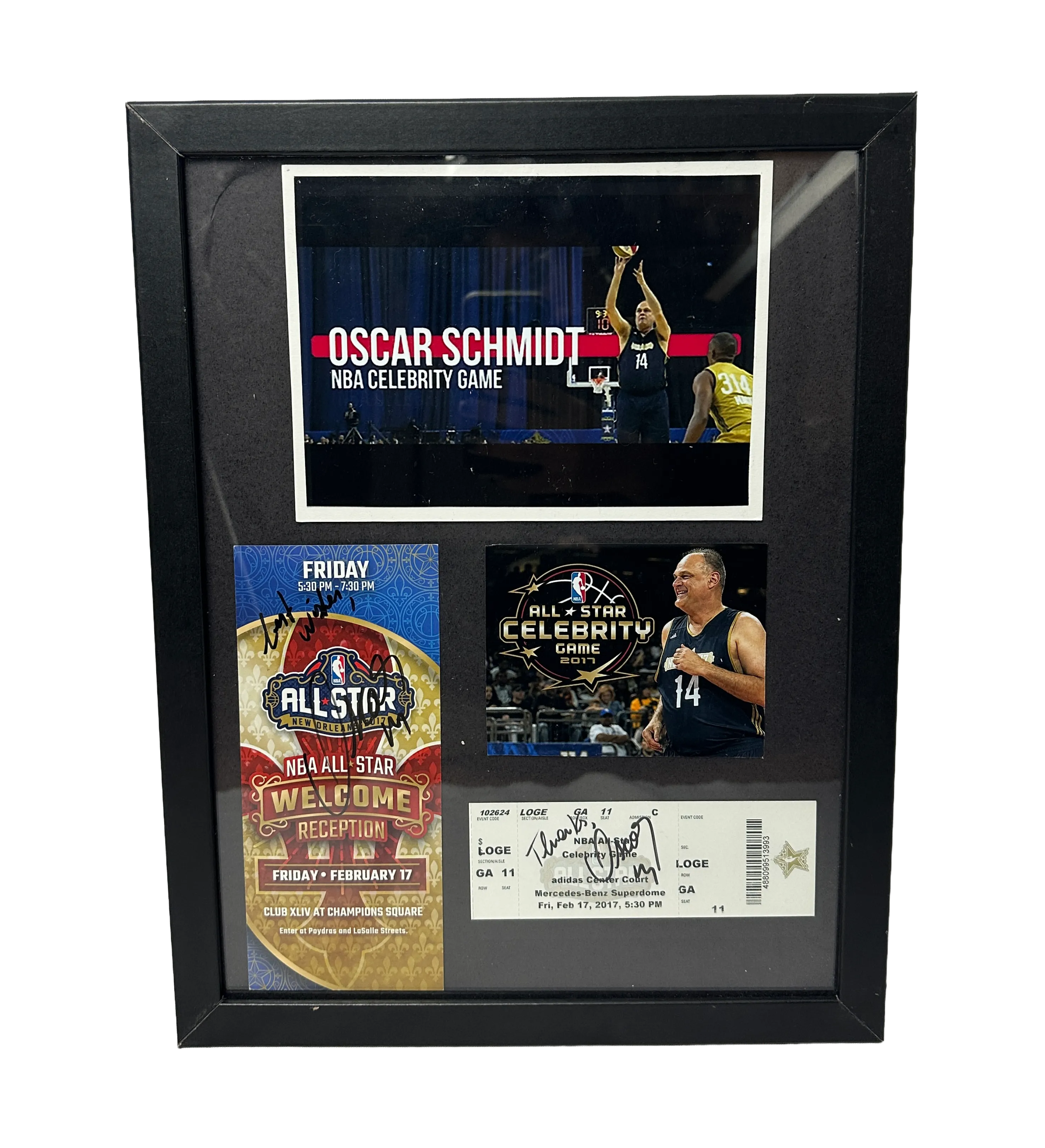 Framed Display – Oscar Schmidt – 2017 NBA All-Star Celebrity Game – Includes Original Official Invitation to the Club XLIV Reception and Original Adidas Center Court Ticket – Autographed by the Legend "Holy Hand" — imagem 1 de 2