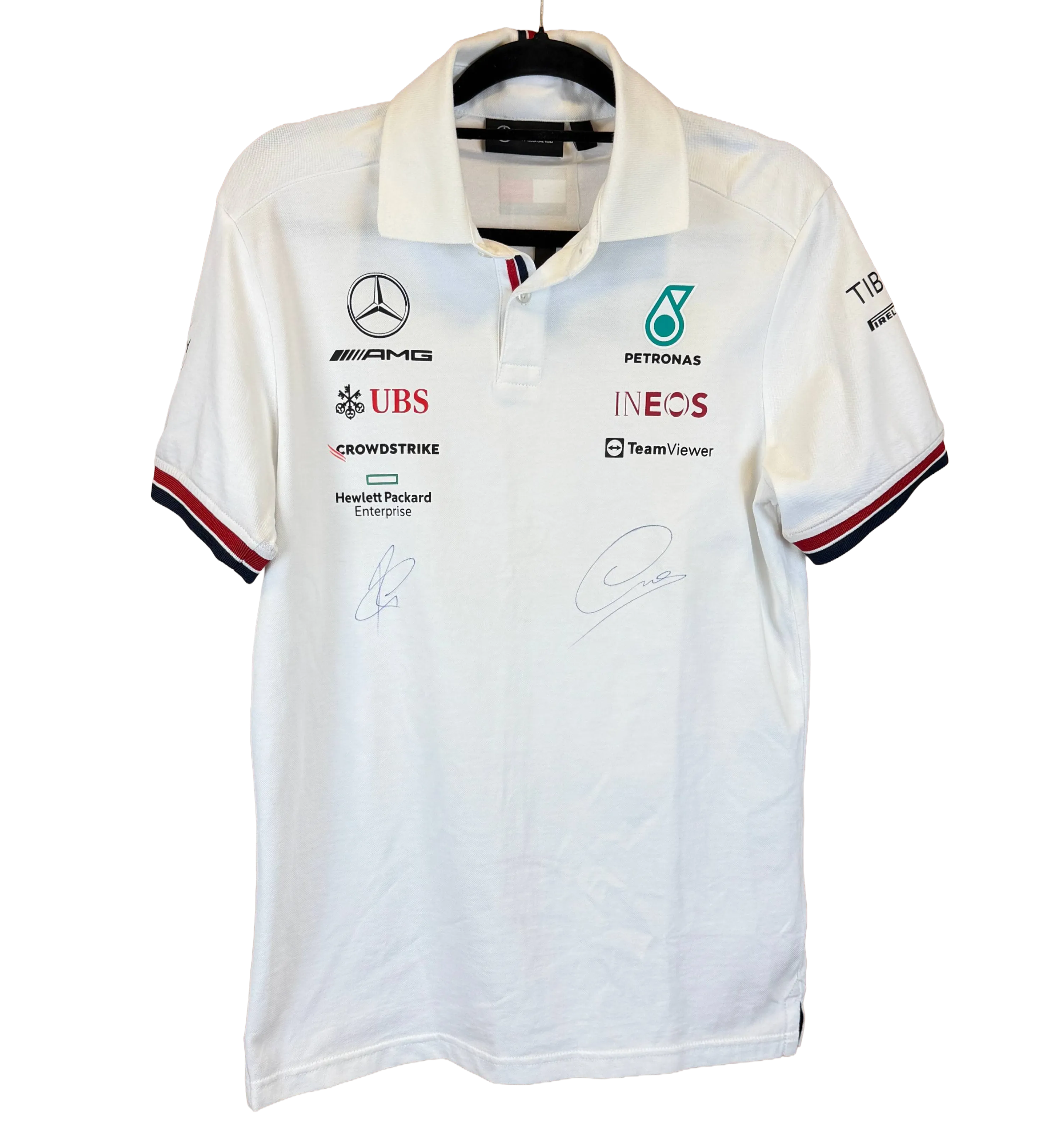 Mercedes-AMG Petronas Formula One Team Polo Shirt – George Russell and Kimi Antonelli – White – Signed by the Drivers — imagem 1 de 3