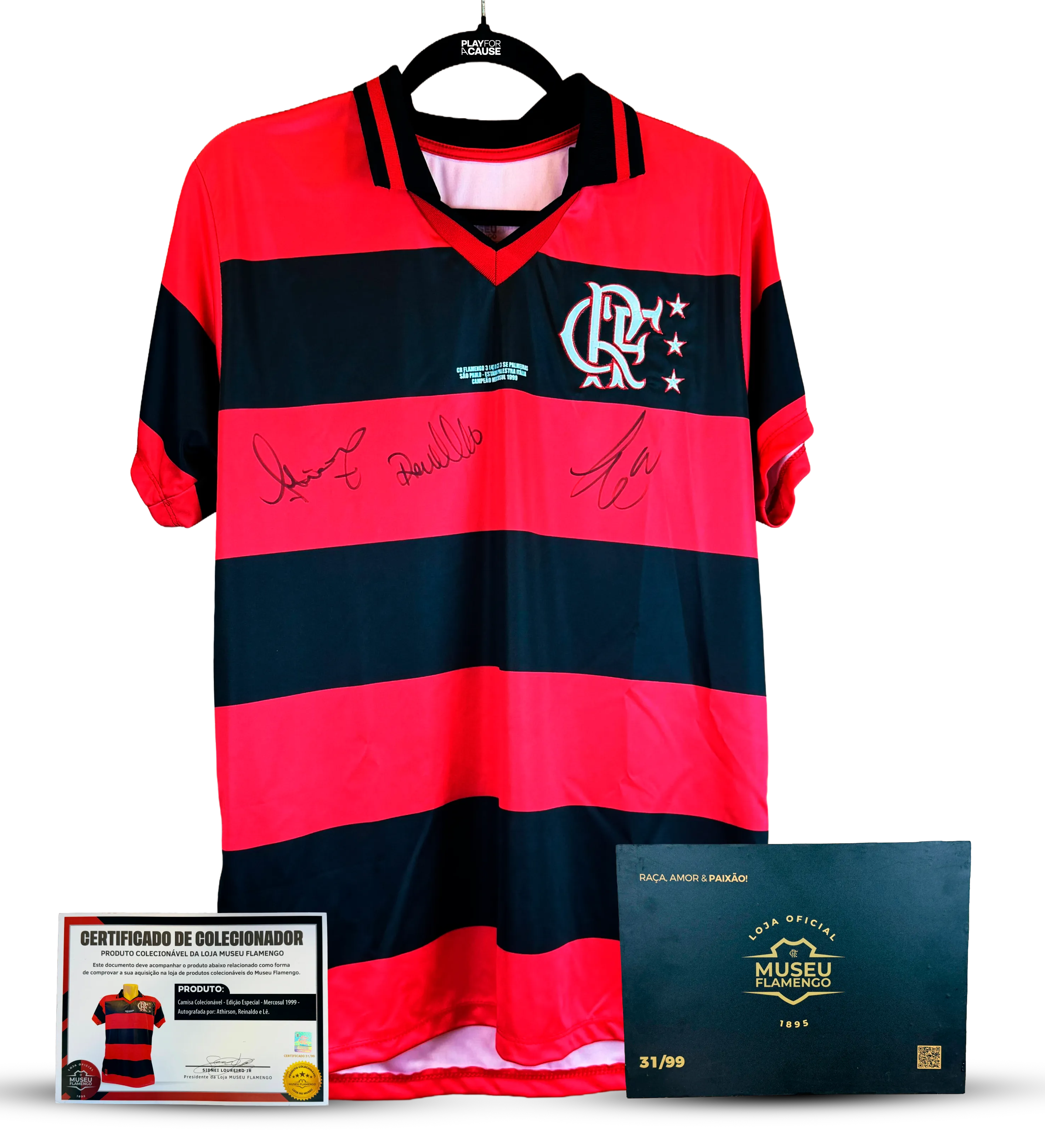 Camisa Flamengo Retrô Oficial - Final da Copa Mercosul 1999 - Autografada por Athirson, Reinaldo e Lê - Certificado Museu do Flamengo - Edição 31/99 — imagem 1 de 4