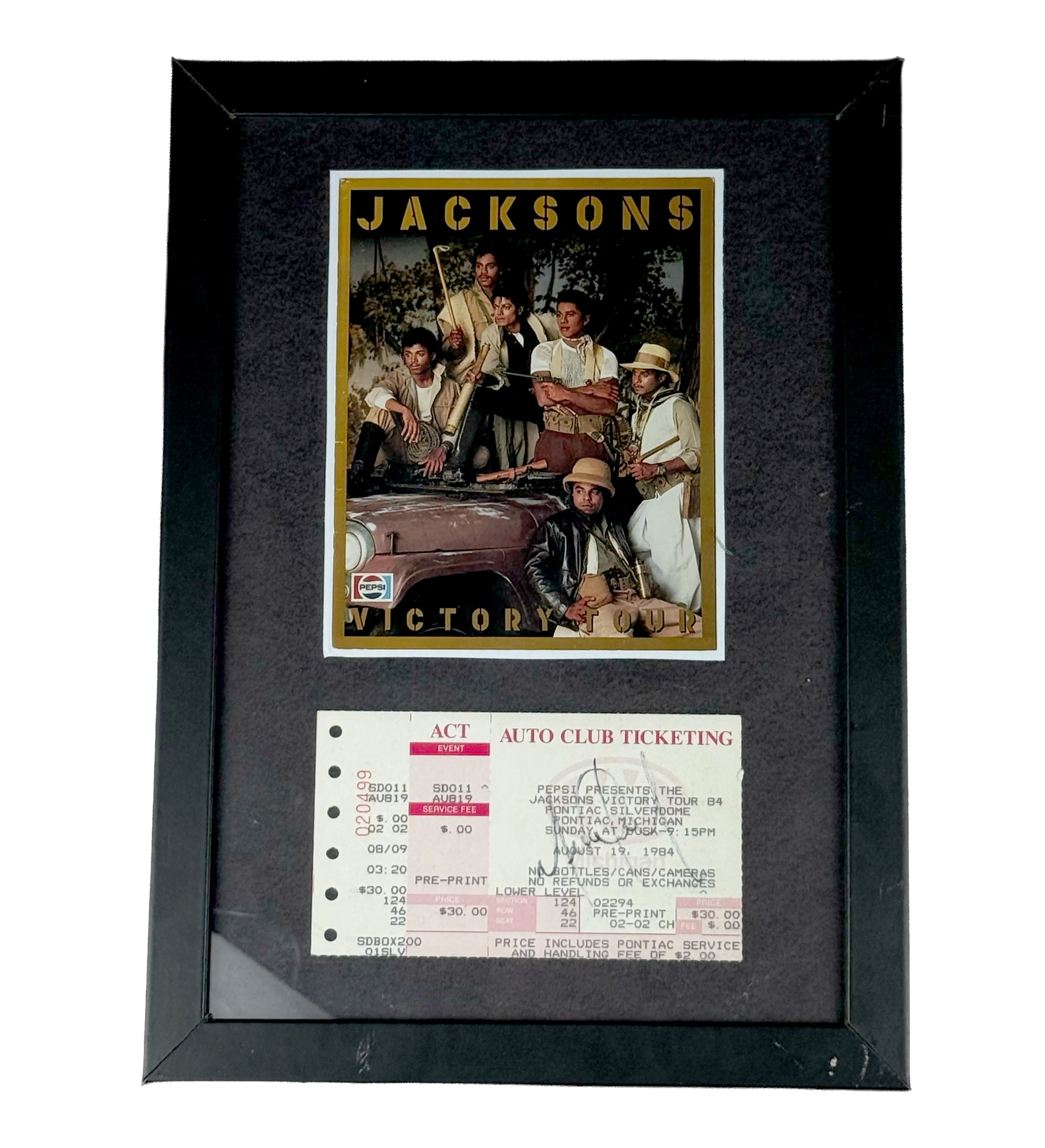 Cuadro – The Jacksons – Póster + Entrada Oficial/Original – Pepsi Victory Tour 1984 – Últimas Presentaciones de los Jackson 5 – En vivo en el Pontiac Silverdome, Michigan – Autografiado por Michael Jackson — imagem 1 de 2