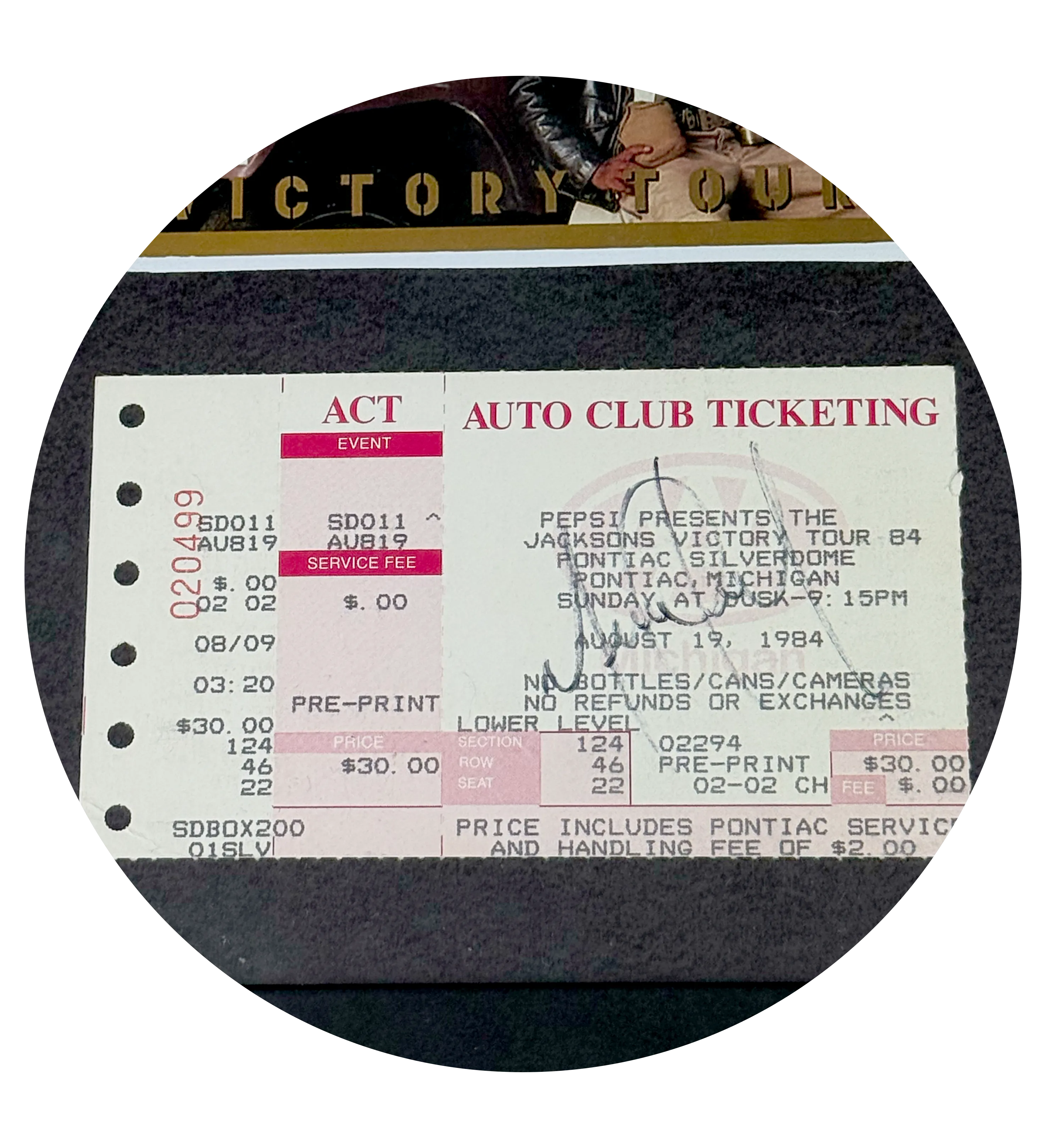 Cuadro – The Jacksons – Póster + Entrada Oficial/Original – Pepsi Victory Tour 1984 – Últimas Presentaciones de los Jackson 5 – En vivo en el Pontiac Silverdome, Michigan – Autografiado por Michael Jackson — imagem 2 de 2
