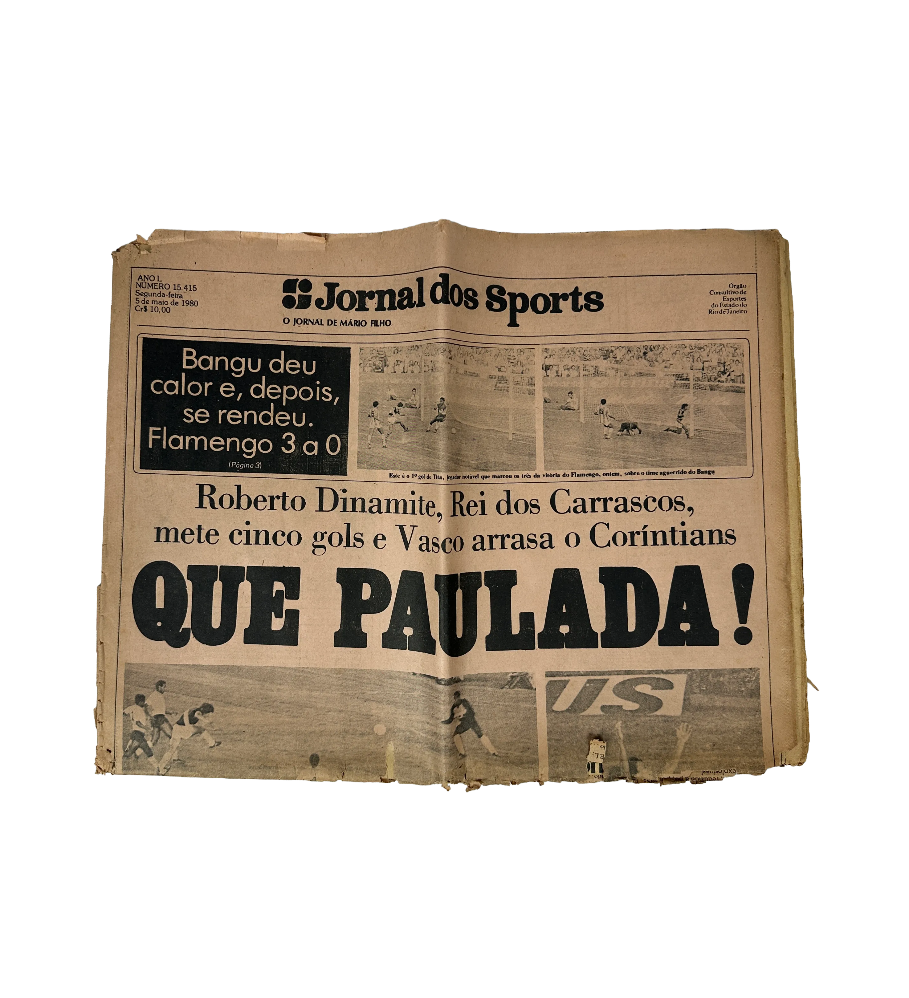 Jornal dos Sports – May 5, 1980 – “What a Blow!” – Club de Regatas Vasco da Gama 5–2 Sport Club Corinthians Paulista – 5 Goals by Roberto Dinamite – Complete – Signed by the Legend — imagem 1 de 1