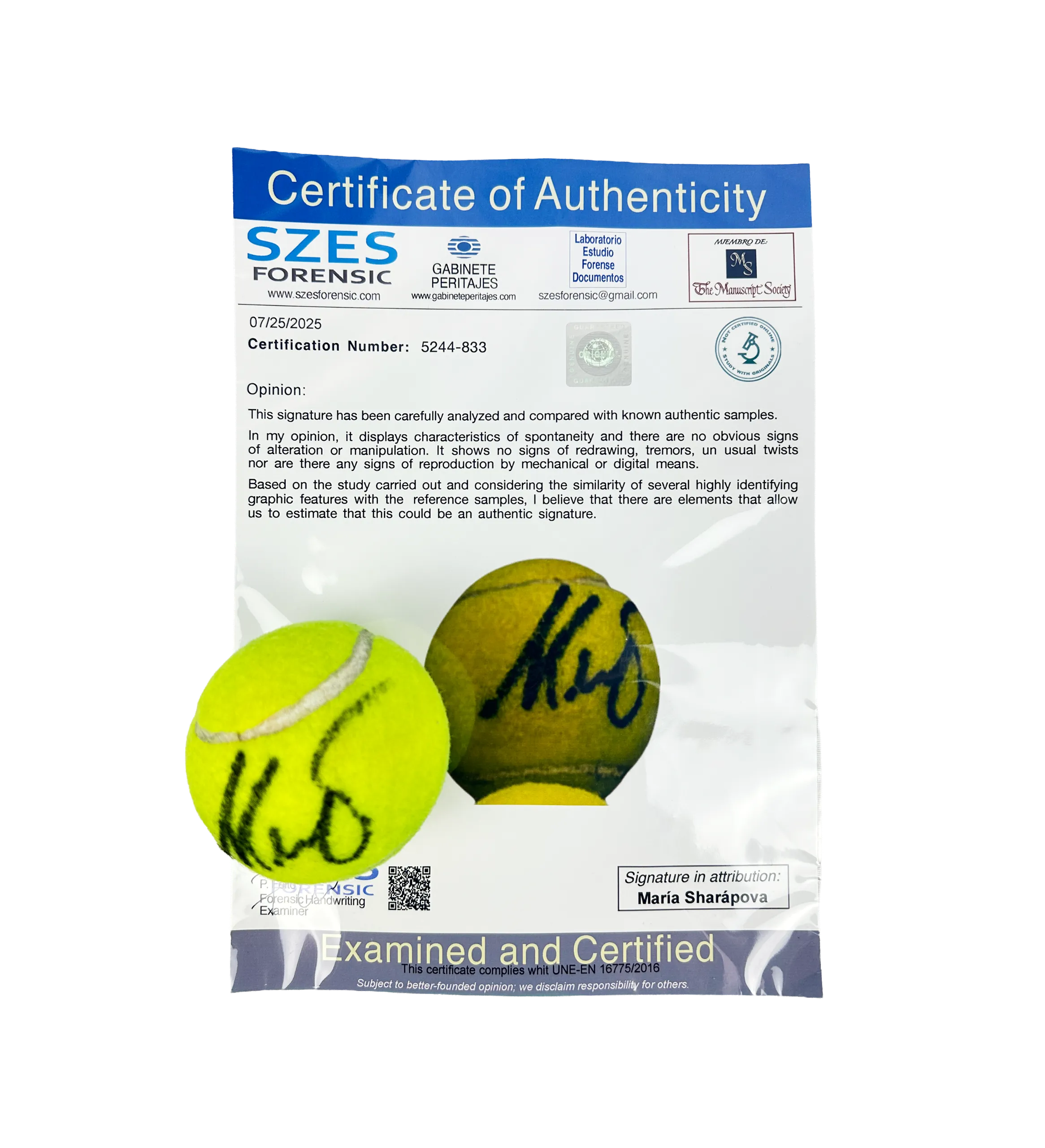 Tennis Ball - Sharapova - Autographed by the Legend - SZES Forensic (Spain) (2) — imagem 1 de 4