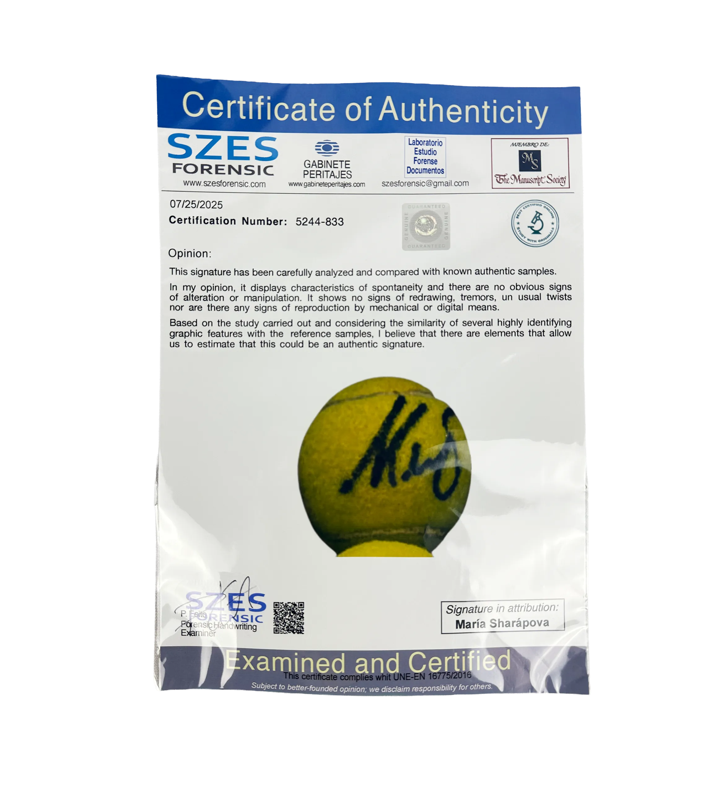 Tennis Ball - Sharapova - Autographed by the Legend - SZES Forensic (Spain) (2) — imagem 4 de 4