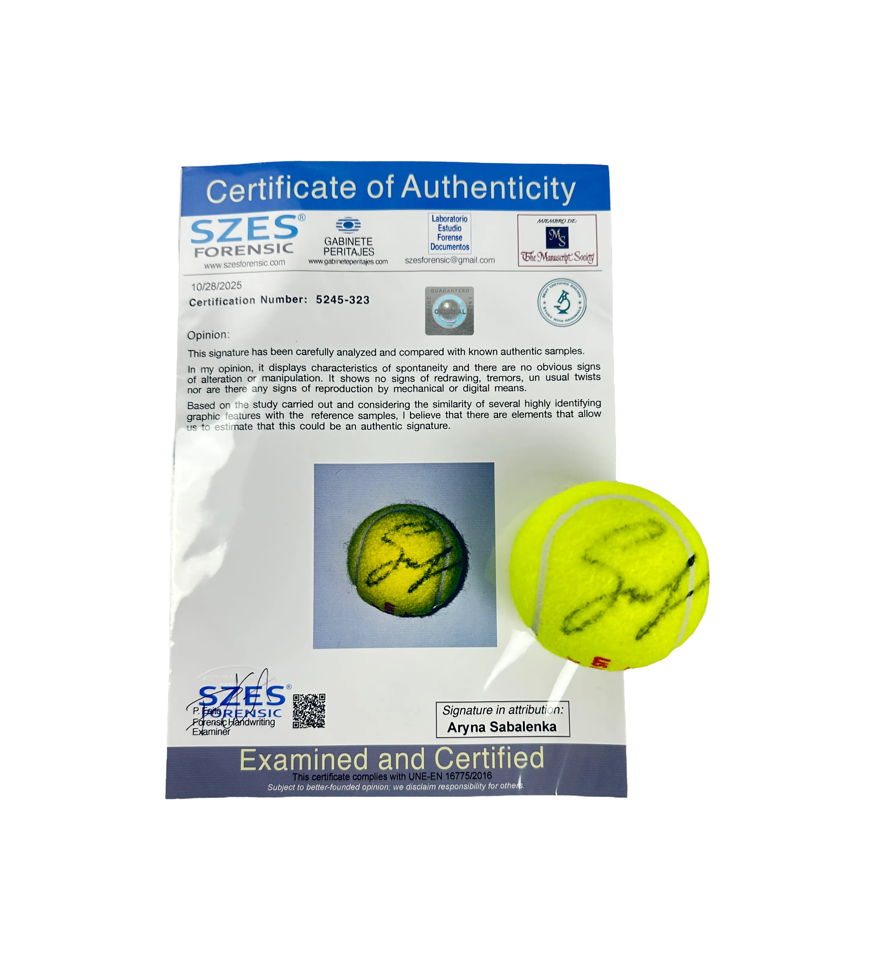 US Open 2025 Tennis Ball - Sabalenka - Autographed with International Certification (2) — imagem 1 de 3