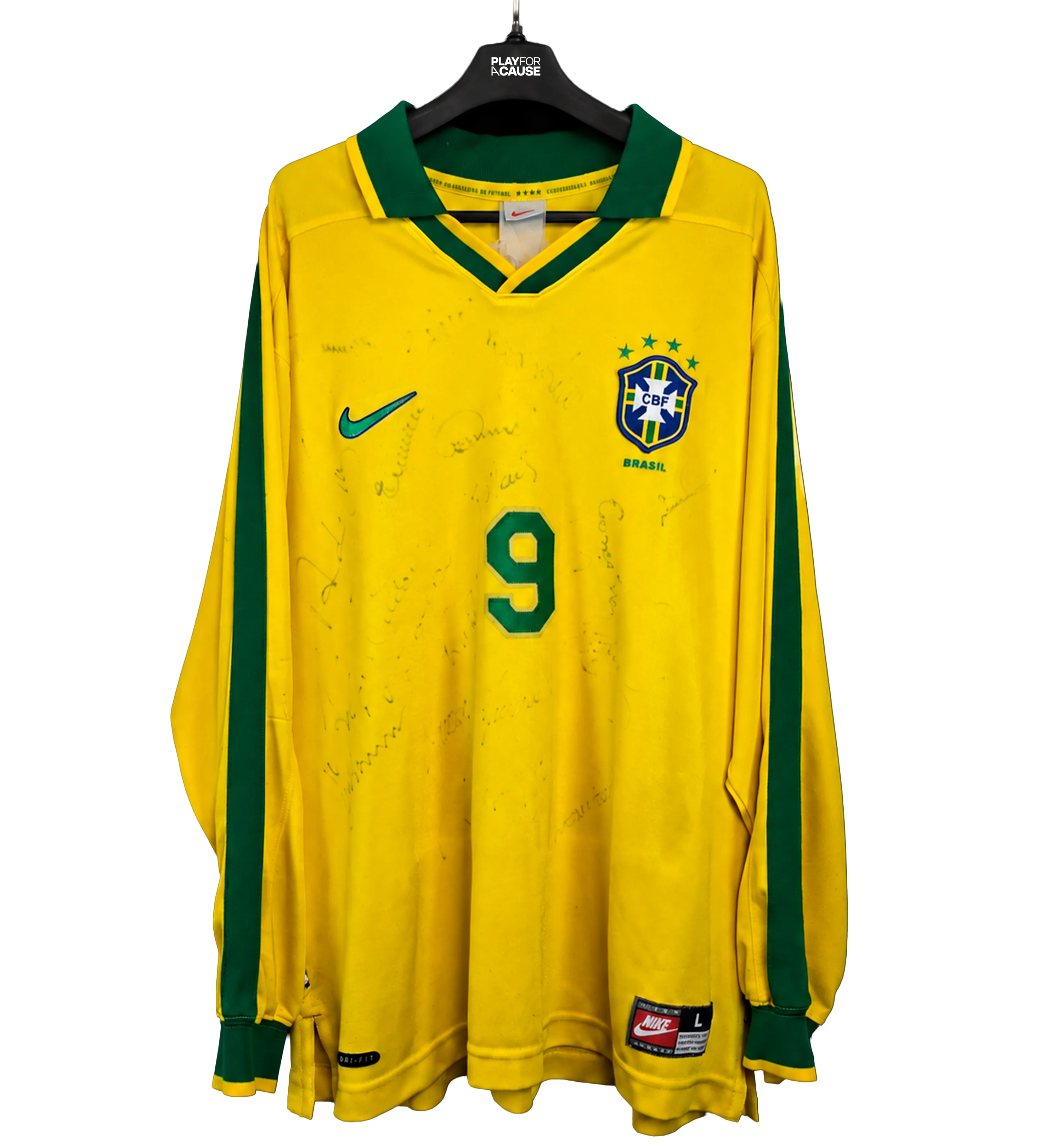 1997/1998 Brazil National Team Long Sleeve Jersey - Ronaldo #9 - Hand-Signed by Ronaldo, Rivaldo, Bebeto, Taffarel, Edmundo, and Other Legends of the Era — imagem 1 de 3