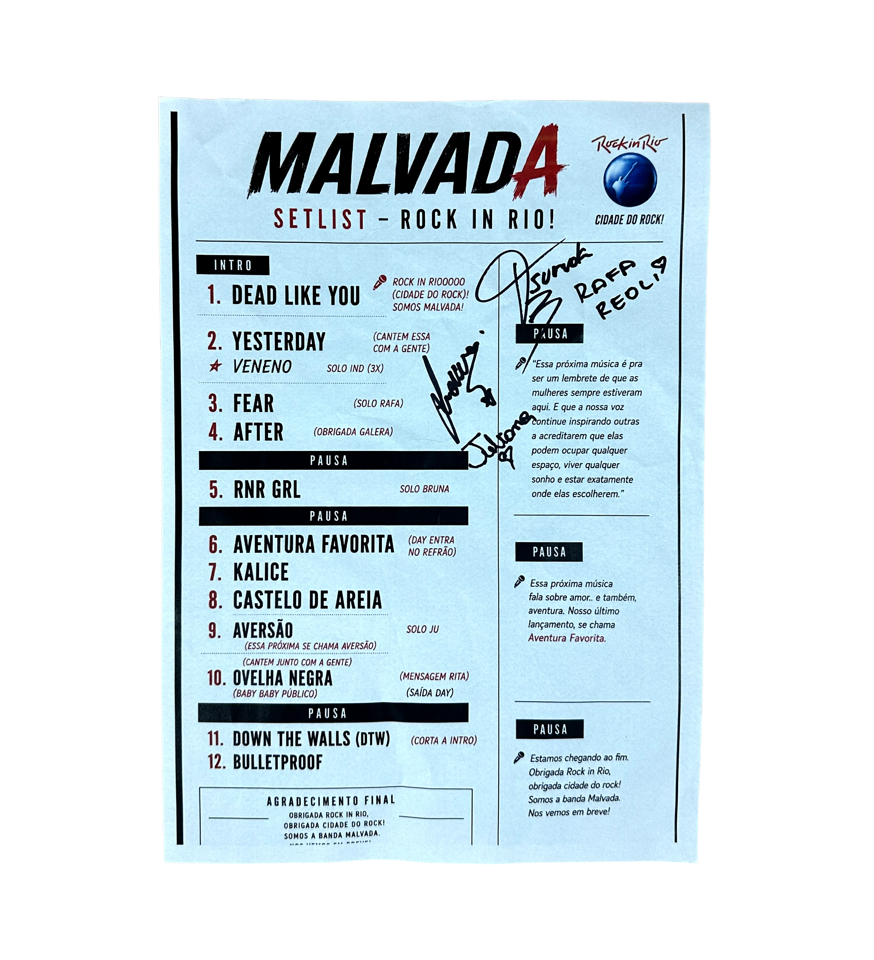Setlist Autografada Malvada Rock In Rio 2026 Palco Sunset — imagem 2 de 2