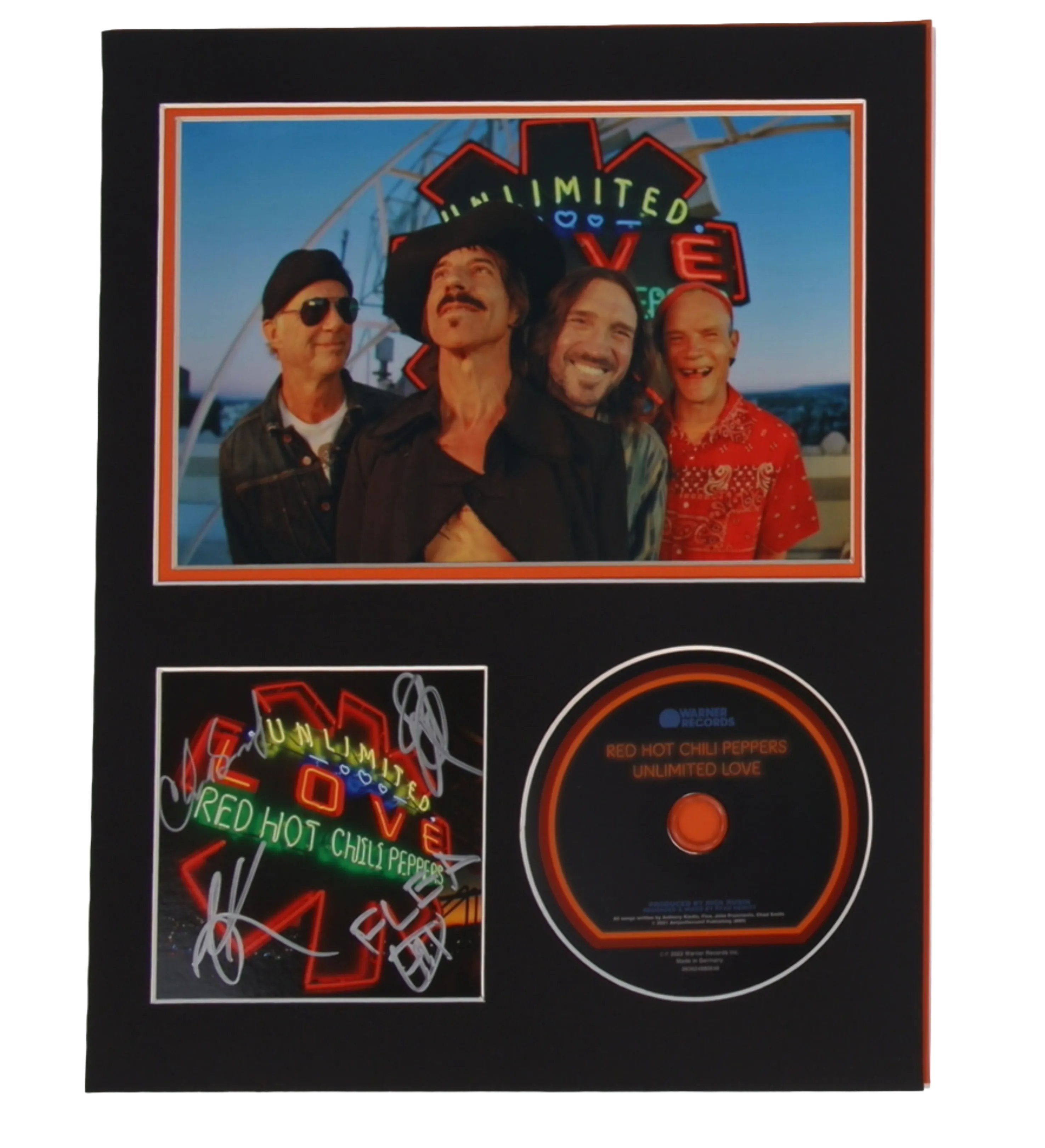 Framed CD Booklet (11 x 14 in) – Red Hot Chili Peppers Unlimited Love – Signed by Anthony Kiedis, John Frusciante, Chad Smith & Flea – ACOA Authentication — imagem 1 de 2